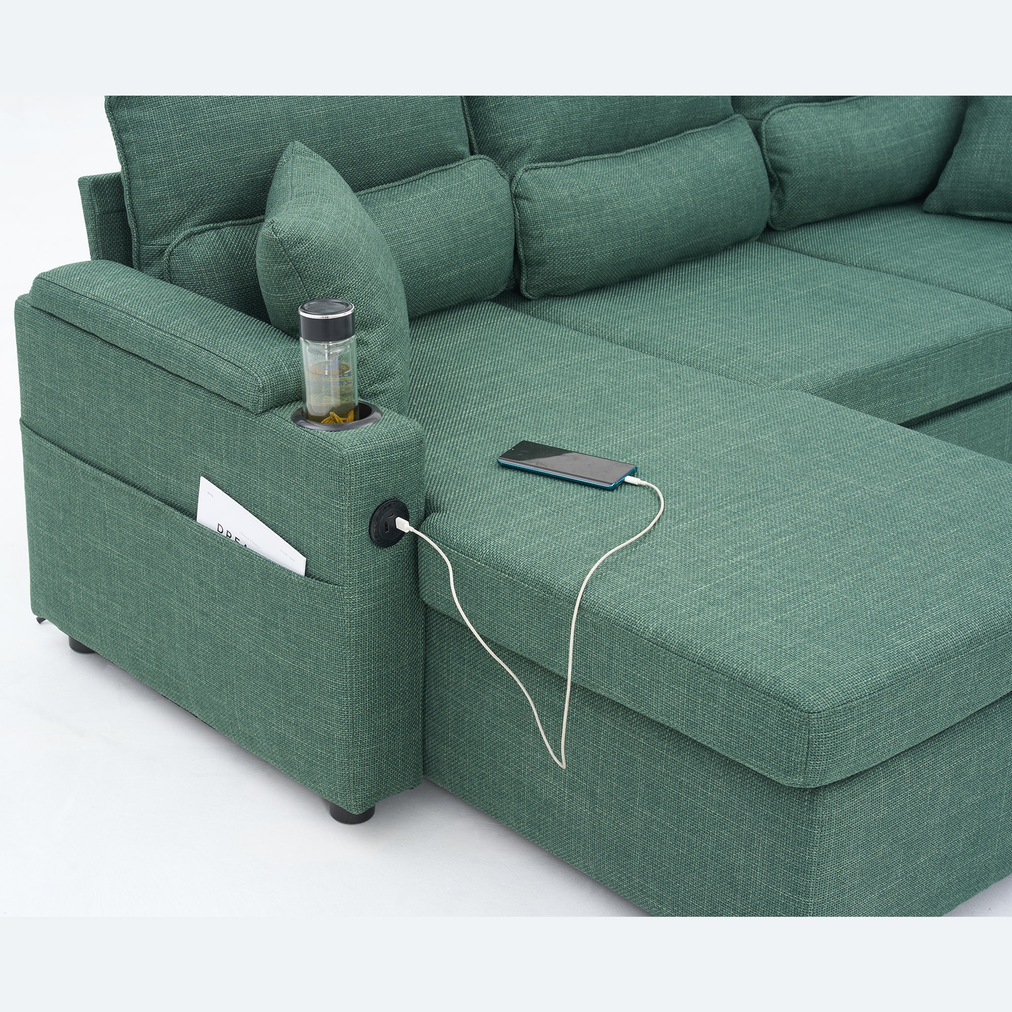 Convertible Sleeper Sofa 2 in 1, L-Shaped Couches for Living Room, Pull Out Sectional Futon Sofa Bed with Storage Space, USB Ports and Cup Holders for Bedroom(Green) Convertible Sleeper Sofa 2 in 1, L-Shaped Couches for Living Room, Pull Out Sectional Futon Sofa Bed with Storage Space, USB Ports and Cup Holders for Bedroom(Green)