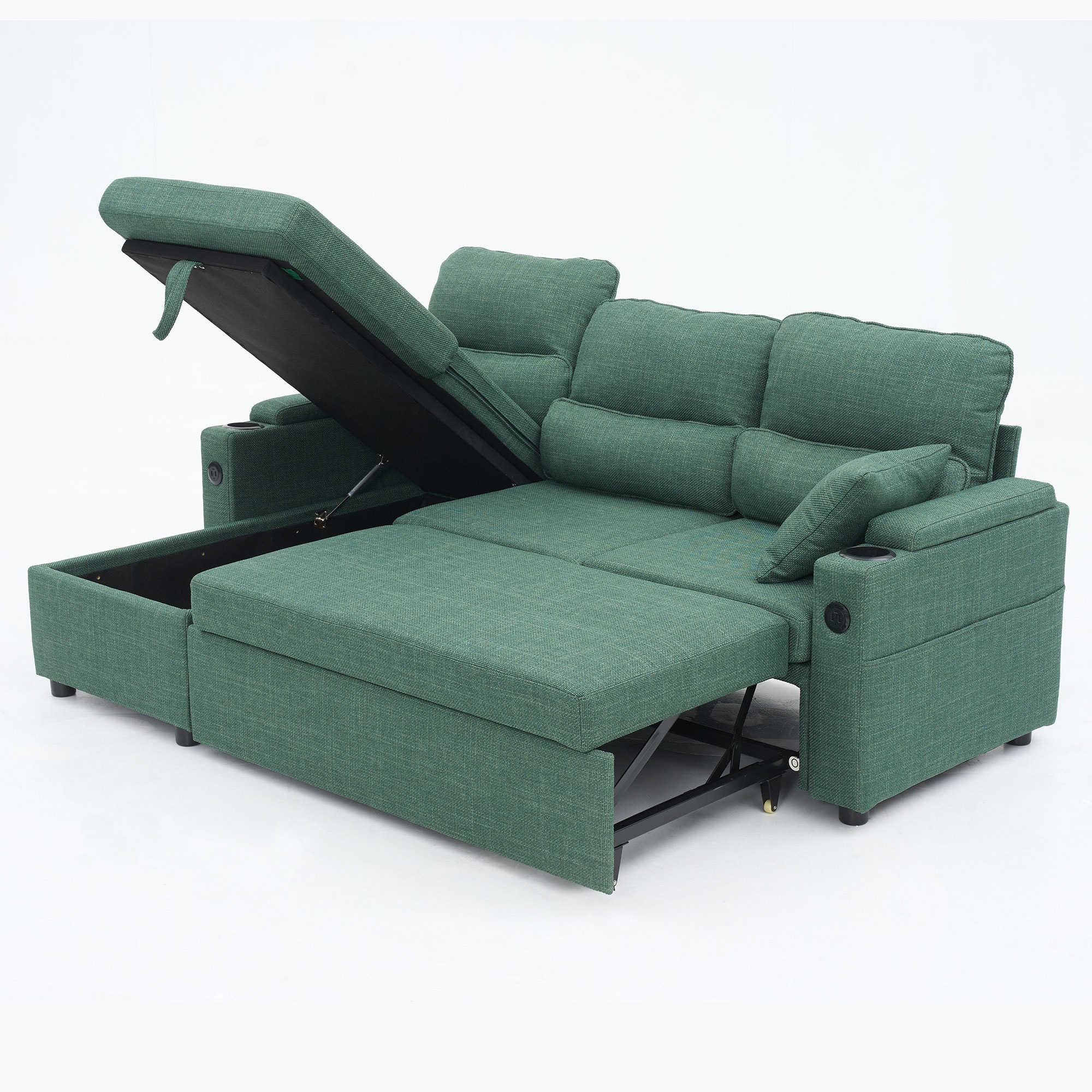 Convertible Sleeper Sofa 2 in 1, L-Shaped Couches for Living Room, Pull Out Sectional Futon Sofa Bed with Storage Space, USB Ports and Cup Holders for Bedroom(Green) Convertible Sleeper Sofa 2 in 1, L-Shaped Couches for Living Room, Pull Out Sectional Futon Sofa Bed with Storage Space, USB Ports and Cup Holders for Bedroom(Green)