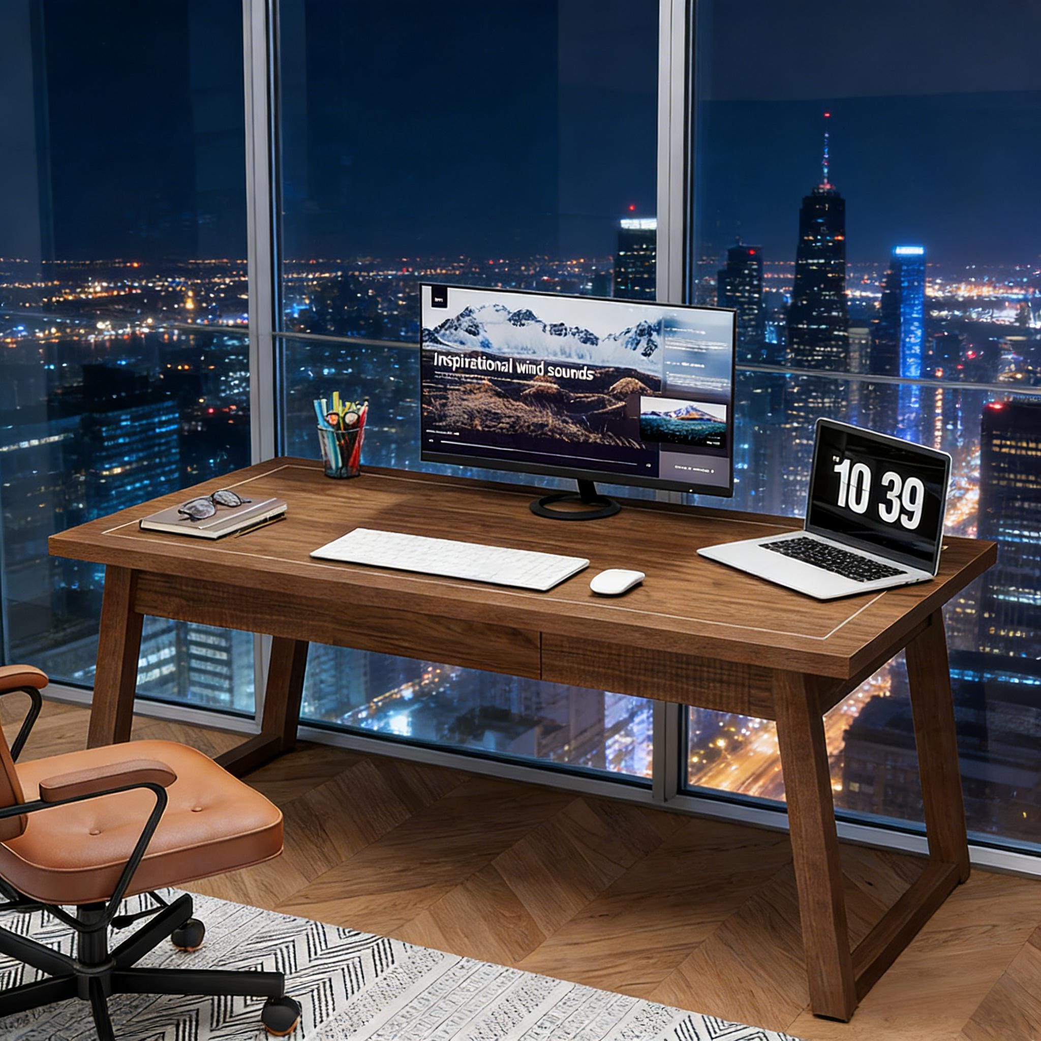 Wood Computer Desk, Mid-Century Modern Study Writing Table With Drawer_voghion.com