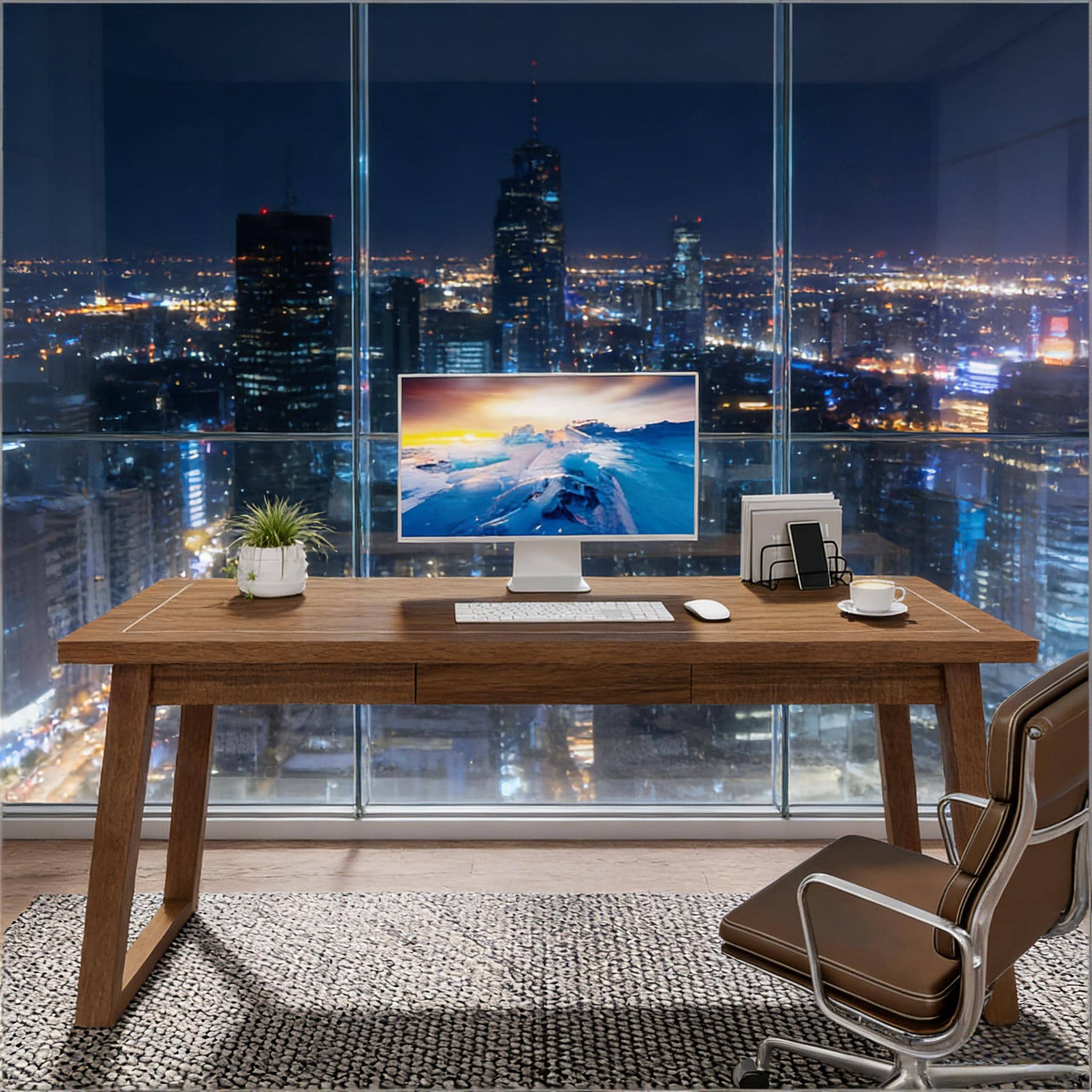 Wood Computer Desk, Mid-Century Modern Study Writing Table With Drawer_voghion.com