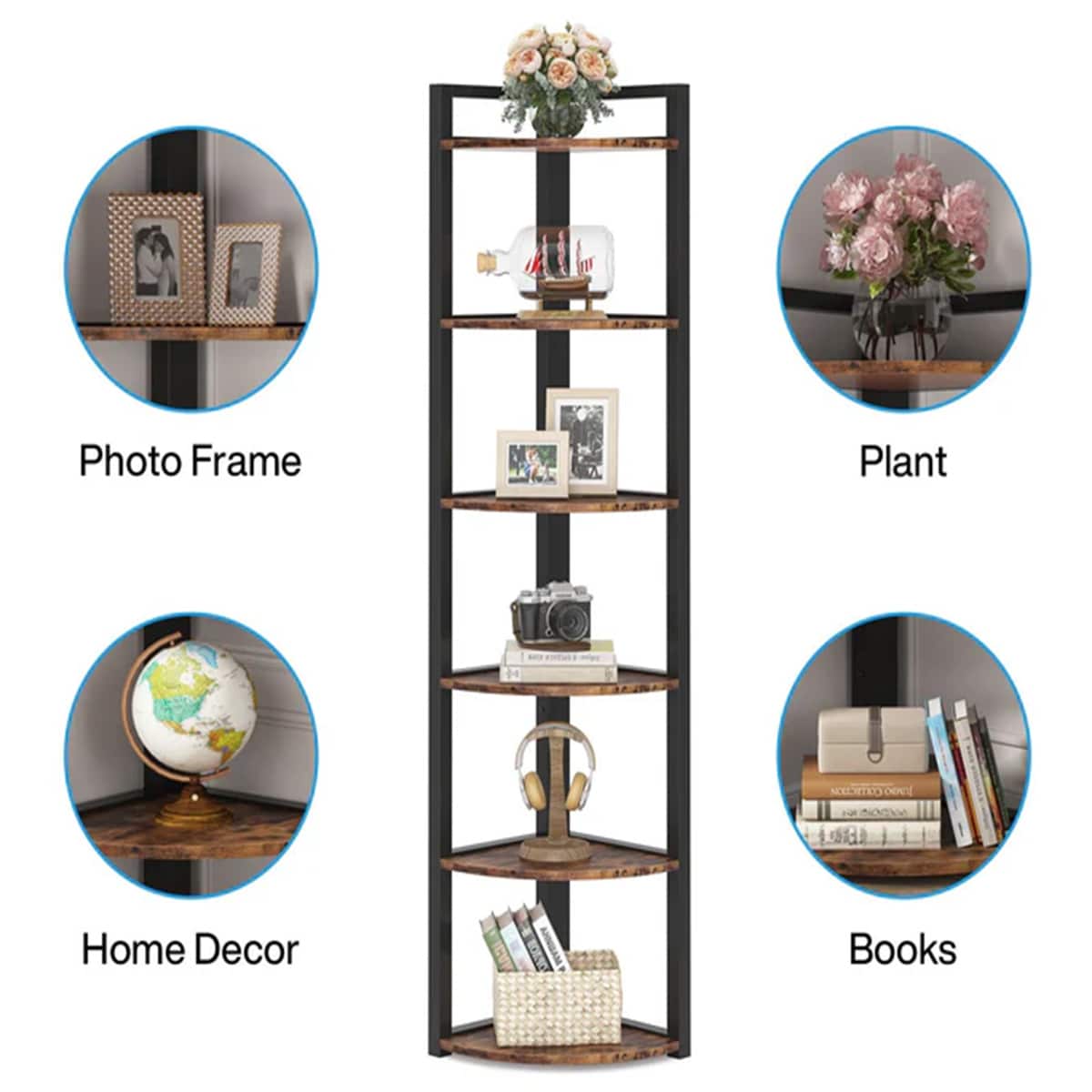 6-Tier Corner Shelf, Small Corner Bookshelf Storage Rack_voghion.com