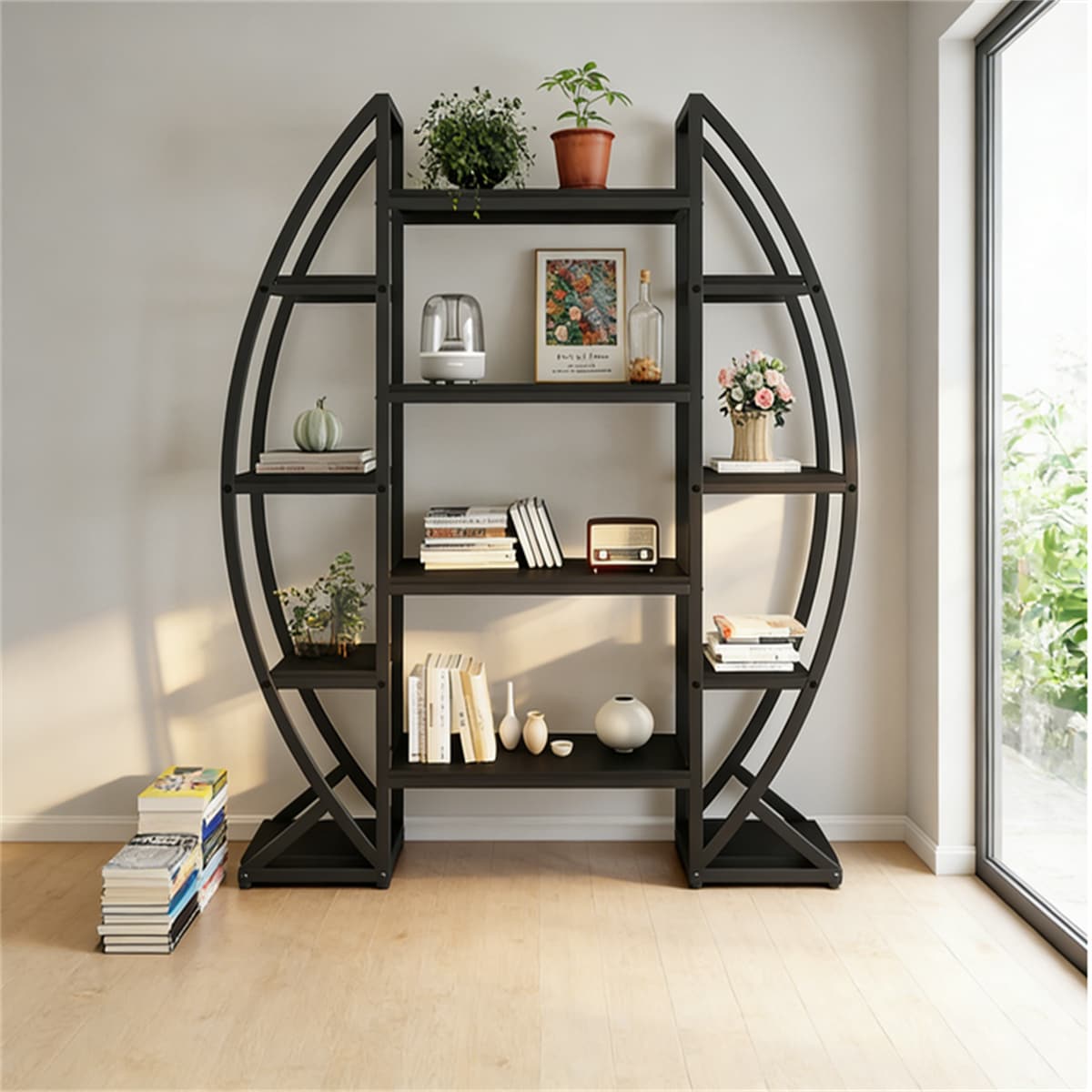 Industrial Bookshelf, Oval Triple Wide Etagere Bookcases Display Shelves_voghion.com