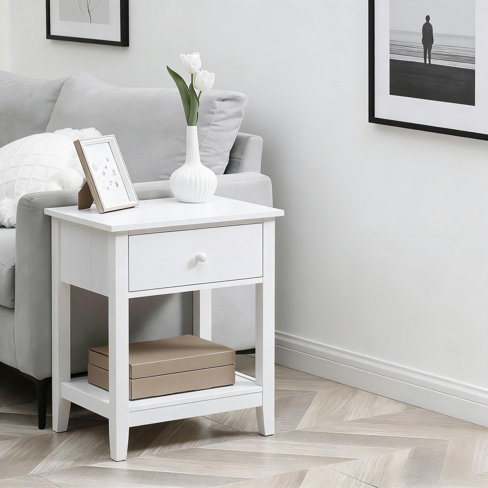 White End Table, 2-tier Side Table With Drawer And Storage Shelf_voghion.com