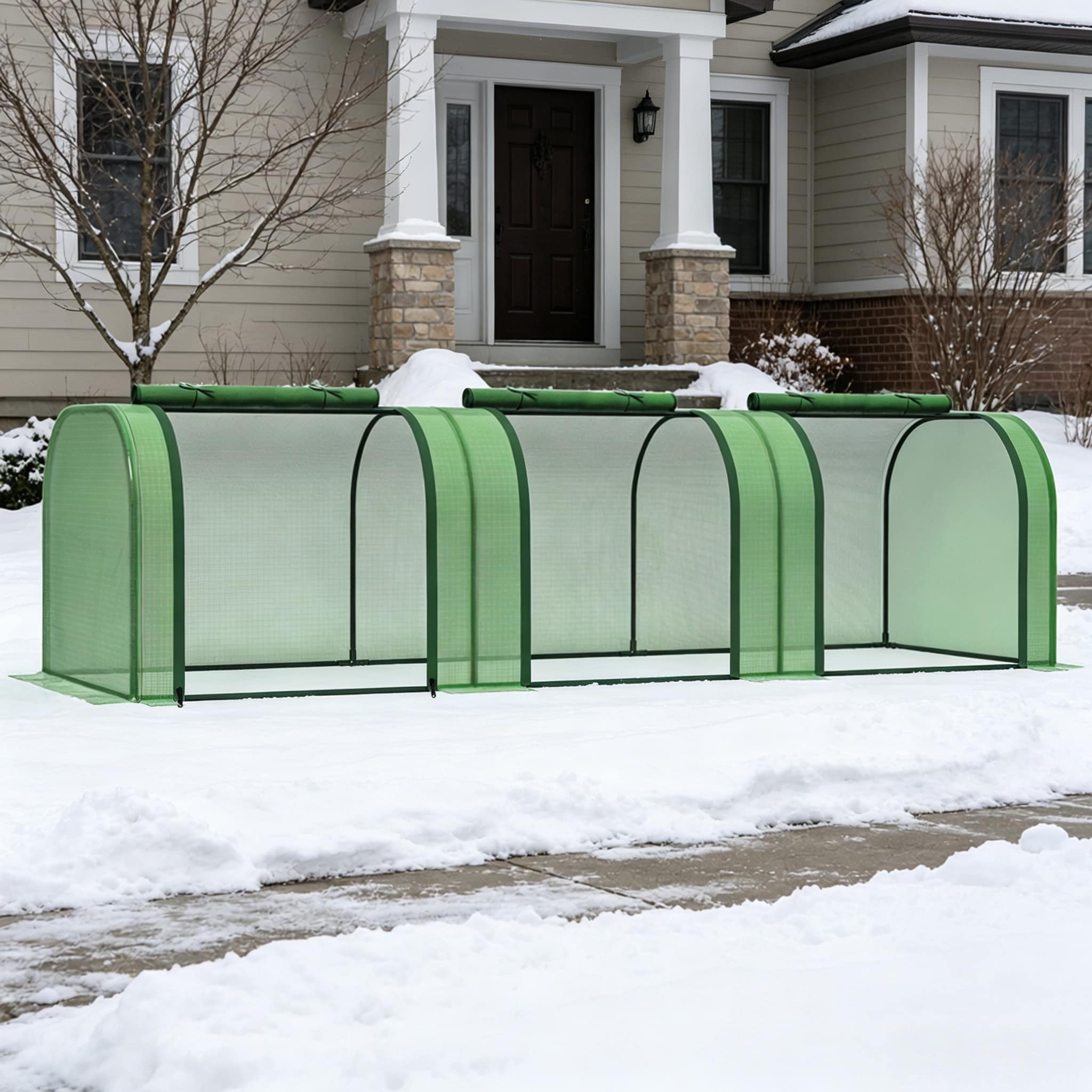 9.7' L X 3' W X 2.5' H Portable Tunneled Greenhouse With 3 Zippered Doors, Water/UV Fighting PE Cover Green_maomaolike.com