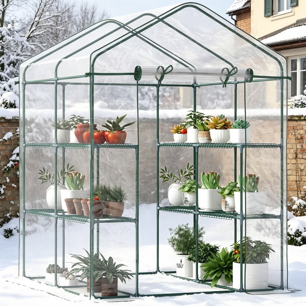 Mini Walk-in Greenhouse Kit, 5' X 5' X 6' Portable Green House With 3 Tier Shelves, Roll-Up Door, And Weatherized Plastic Cover_maomaolike.com