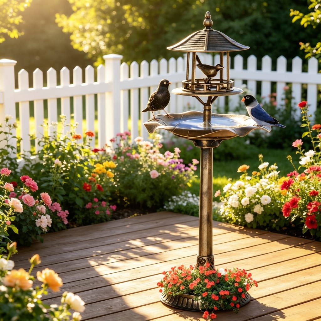 3 In 1 Garden Bird Bath Bowl Pedestal With Bird Feeder, Large Water Basin, Underneath Flower Planter_maomaolike.com