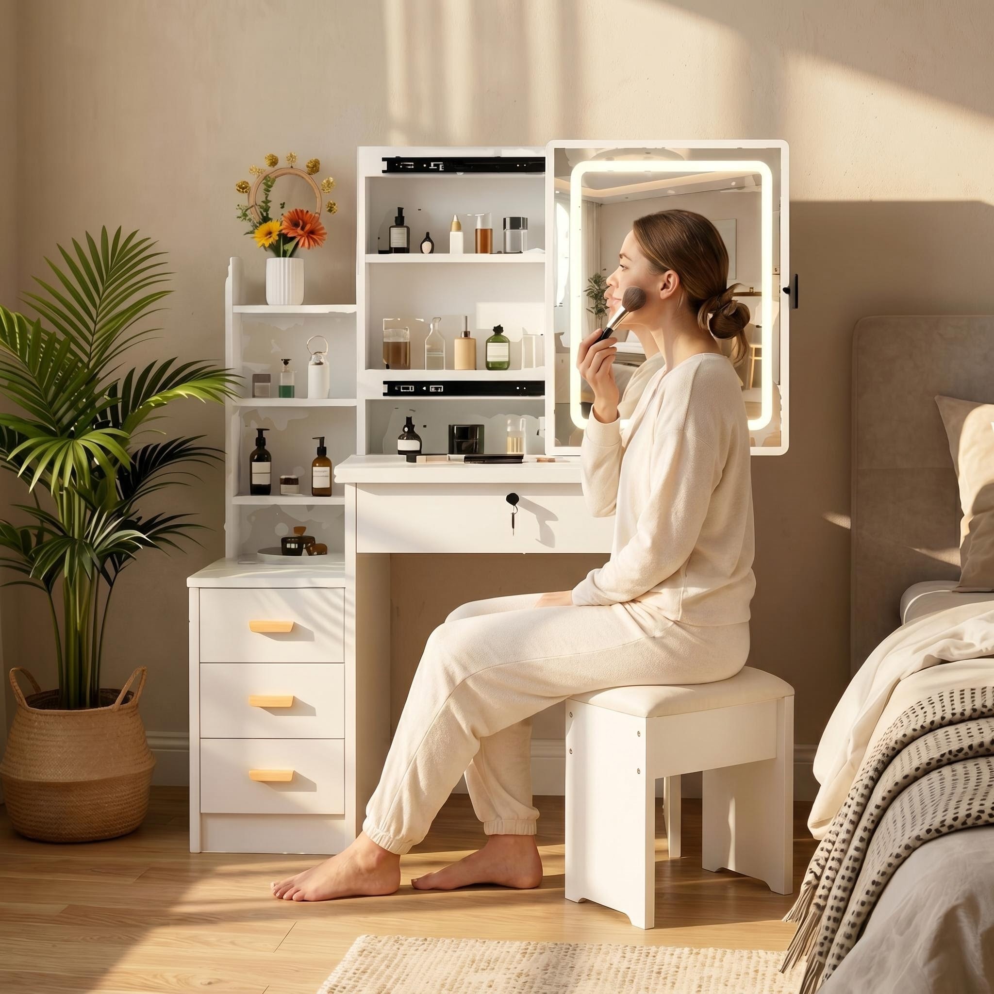 Vanity Desk With Sliding Mirror And Lights, Makeup Vanity Set With 4 Drawers, Stool, Open Shelves, 3 Color Adjustable Lighting Modes, Makeup Dressing Table For Bedroom 
_voghion.com