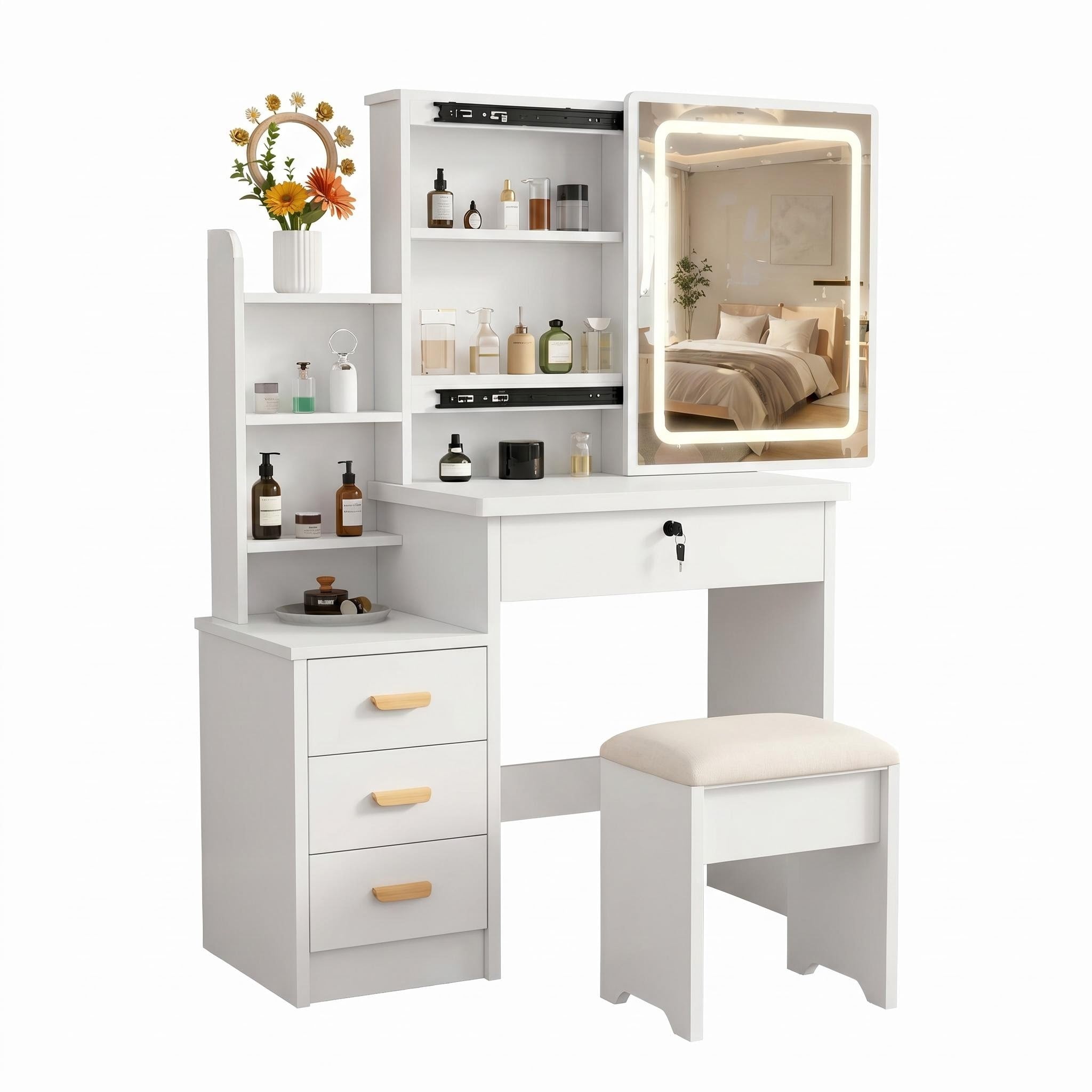 Vanity Dressing Table With Sliding Mirror, Lights, And Stool_voghion.com