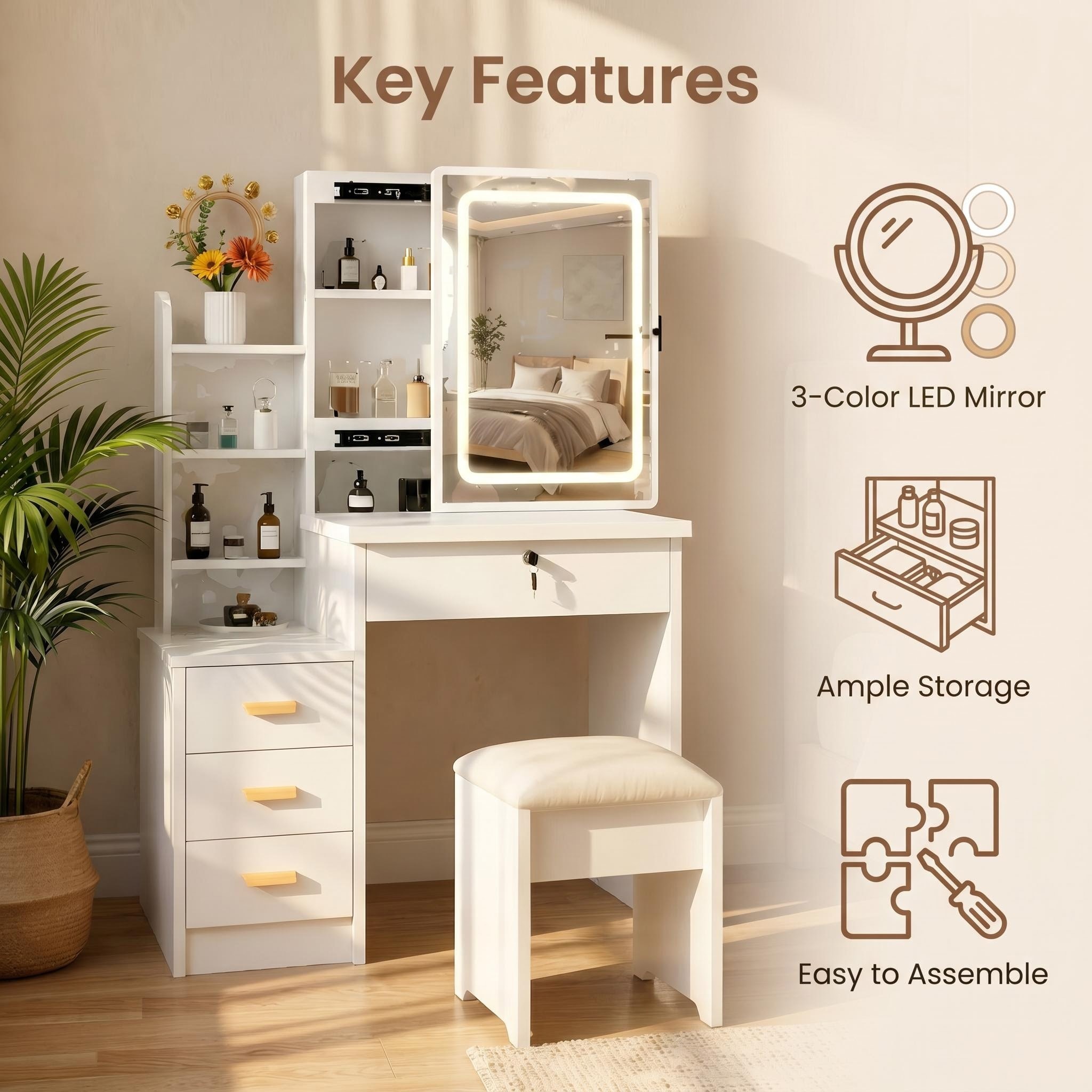 Vanity Dressing Table With Sliding Mirror, Lights, And Stool_voghion.com