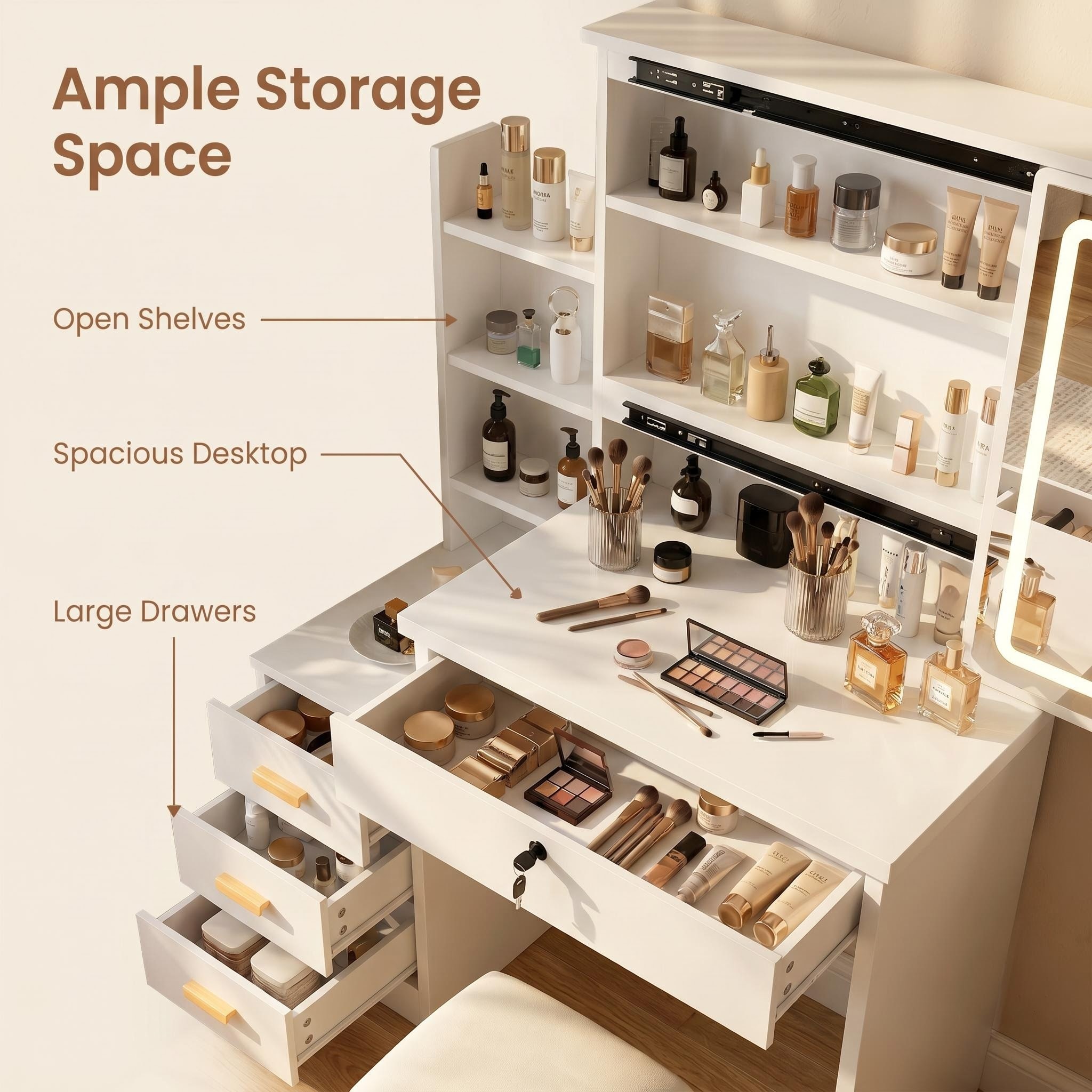 Vanity Dressing Table With Sliding Mirror, Lights, And Stool_voghion.com