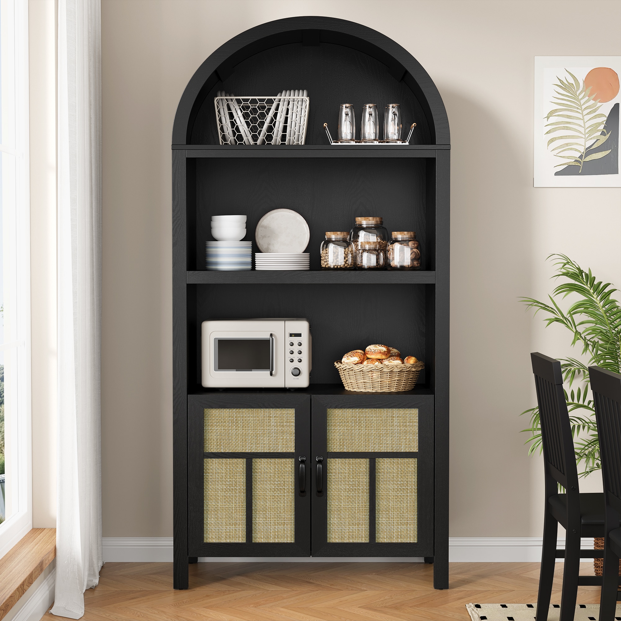 70'' Arched Storage Cabinet with Doors, Boho Rattan Sideboard Buffet Cabinet with Adjustable Shelves, Tall Pantry Storage Table for Kitchen, Hallway, Dining Room, Living Room, Office, Black