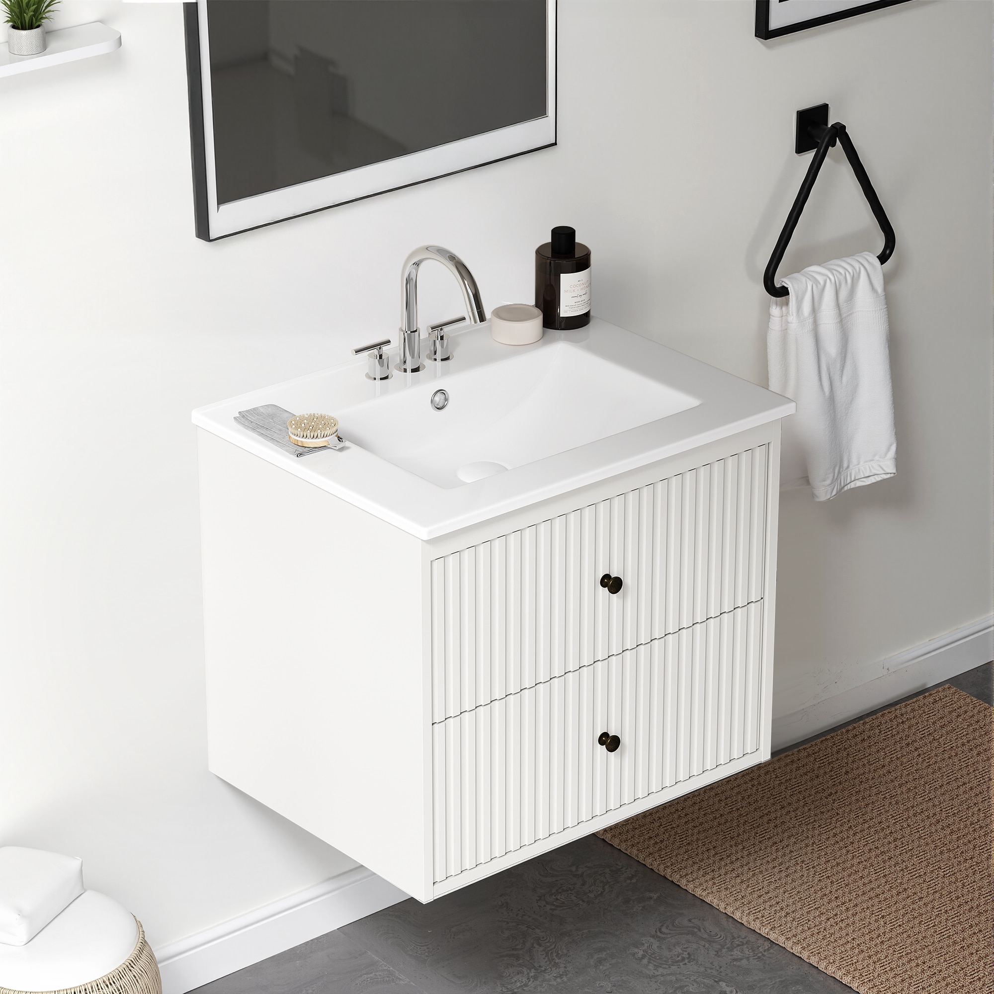24'' Bathroom Vanity with Sink, Floating Bathroom Vanity Sink Cabinet with 2 Fluted Drawers, Wall Mounted Bathroom Storage Cabinet with Sink Combo Set, White