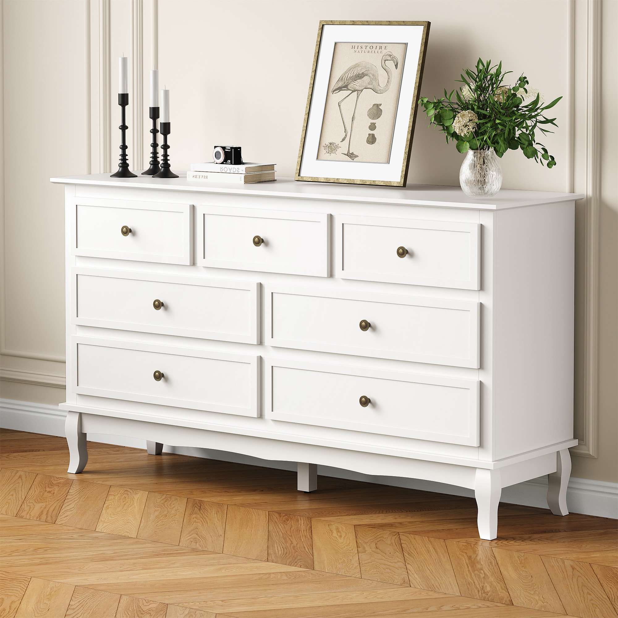 Sideboard Buffet Cabinet with Storage, Modern Buffet 7 Drawers with Distinctive Wooden Legs & White Painted Finish, Accent Credenza Cabinet TV Stand for Living Room, Hallway