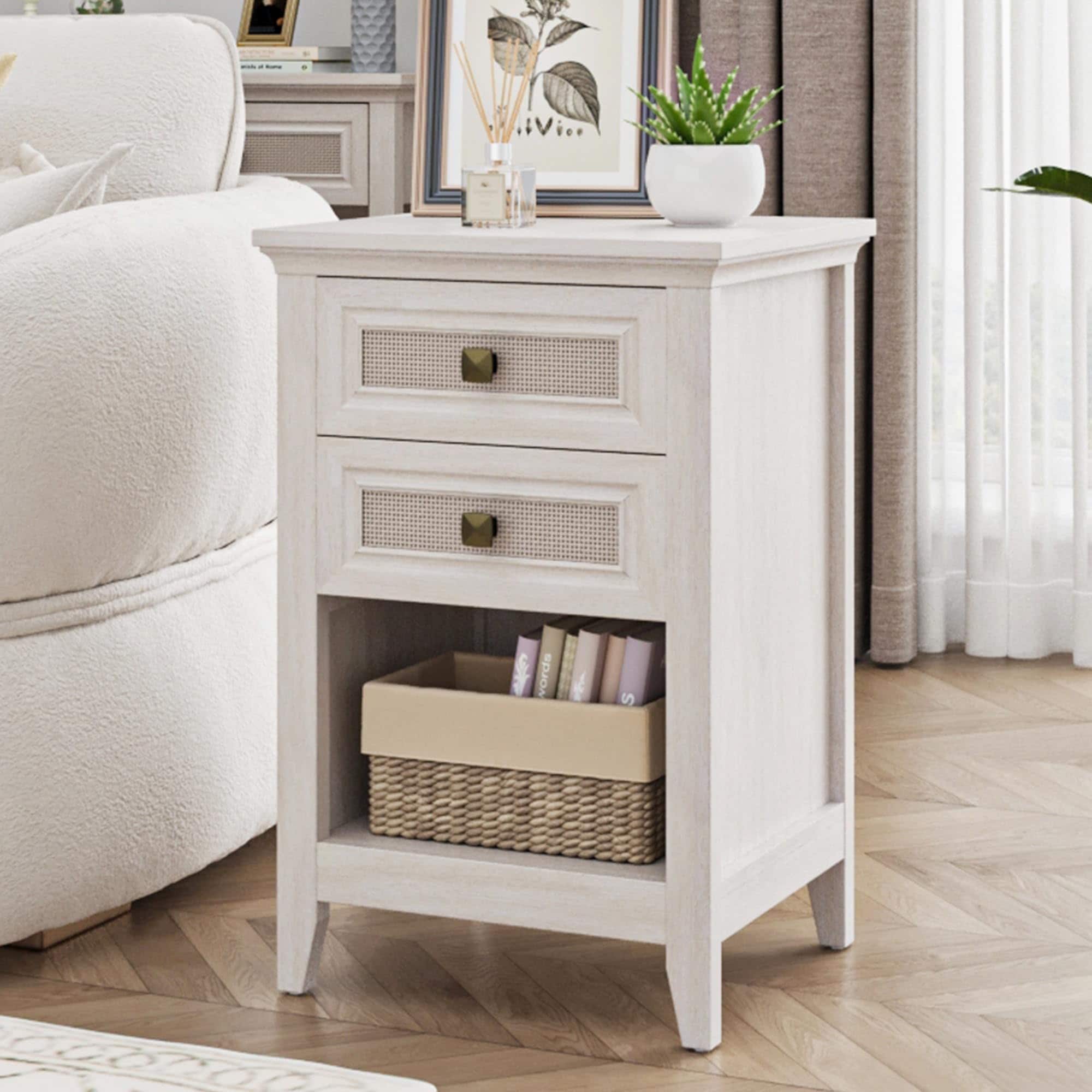 Farmhouse Nightstand, Boho Bedside Table with 2 Rattan Decor Drawers, Accent End Table with Open Storage Shelf, Wood Bedside Unit for Bedroom, Living Room, Home Office, Grayish White