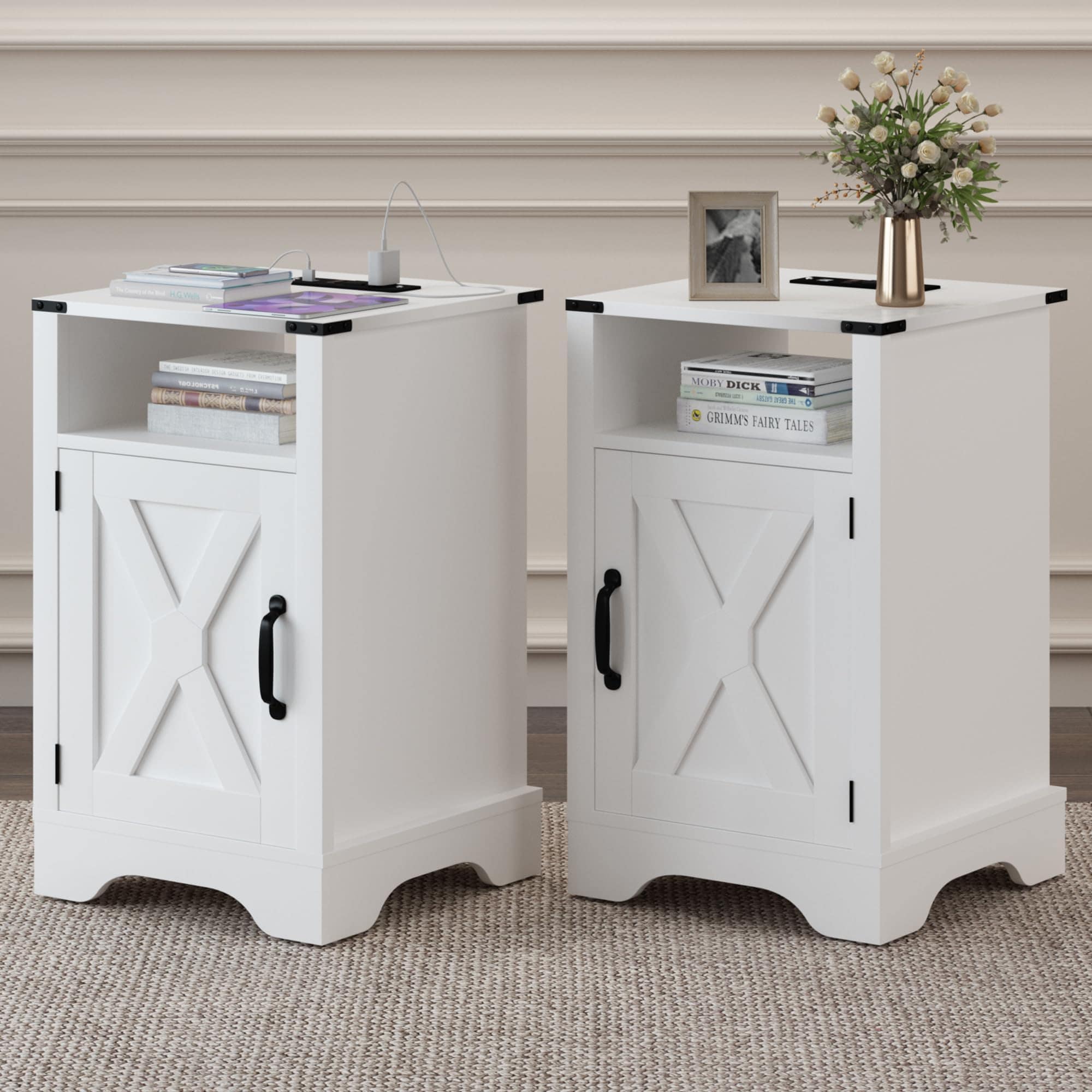 Farmhouse End Table with Charging Station Set of 2, Rustic Night Stand with Storage Cabinet and Shelf, Tall Wooden Bedside Table for Bedroom, Living Room, White