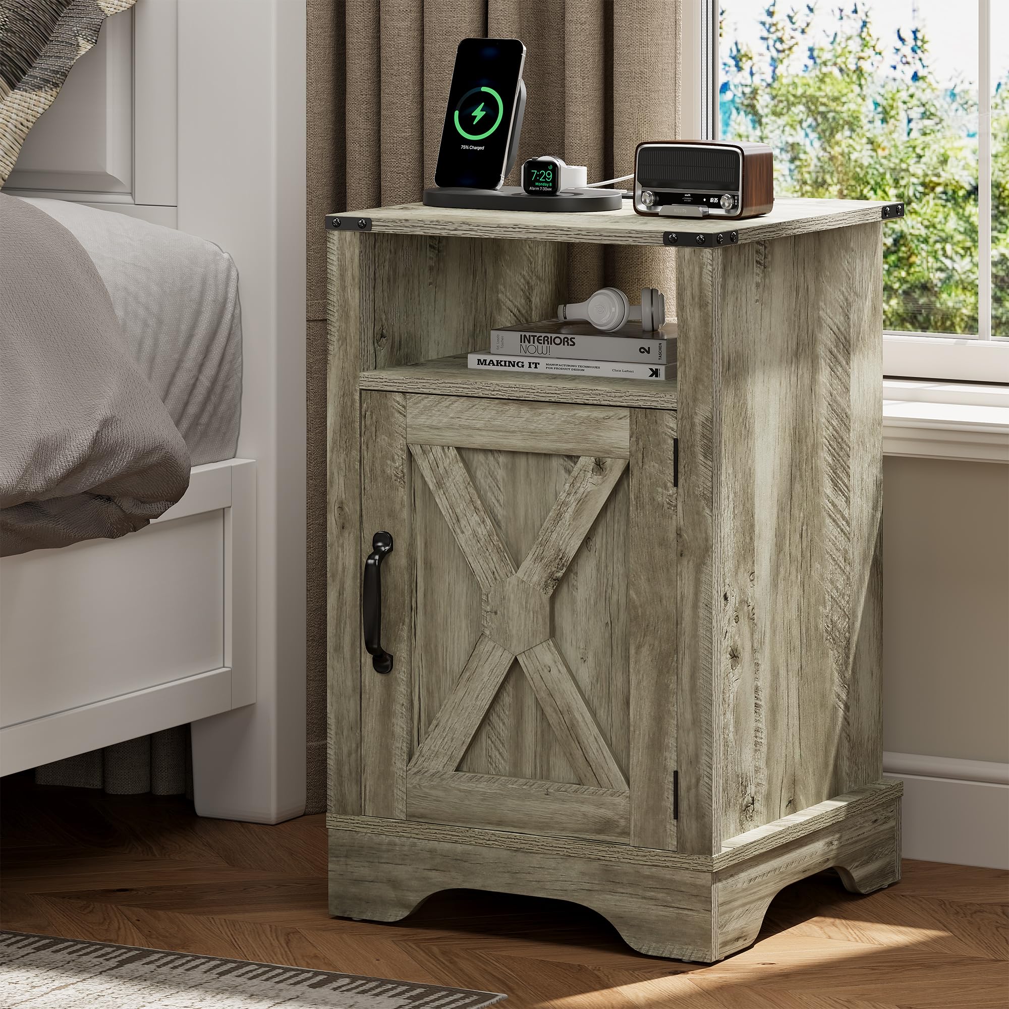 Farmhouse End Table with Charging Station Wooden Rustic Nightstands with Storage Cabinet and Shelf for Bedroom, Living Room, Living Room, Warm Grey