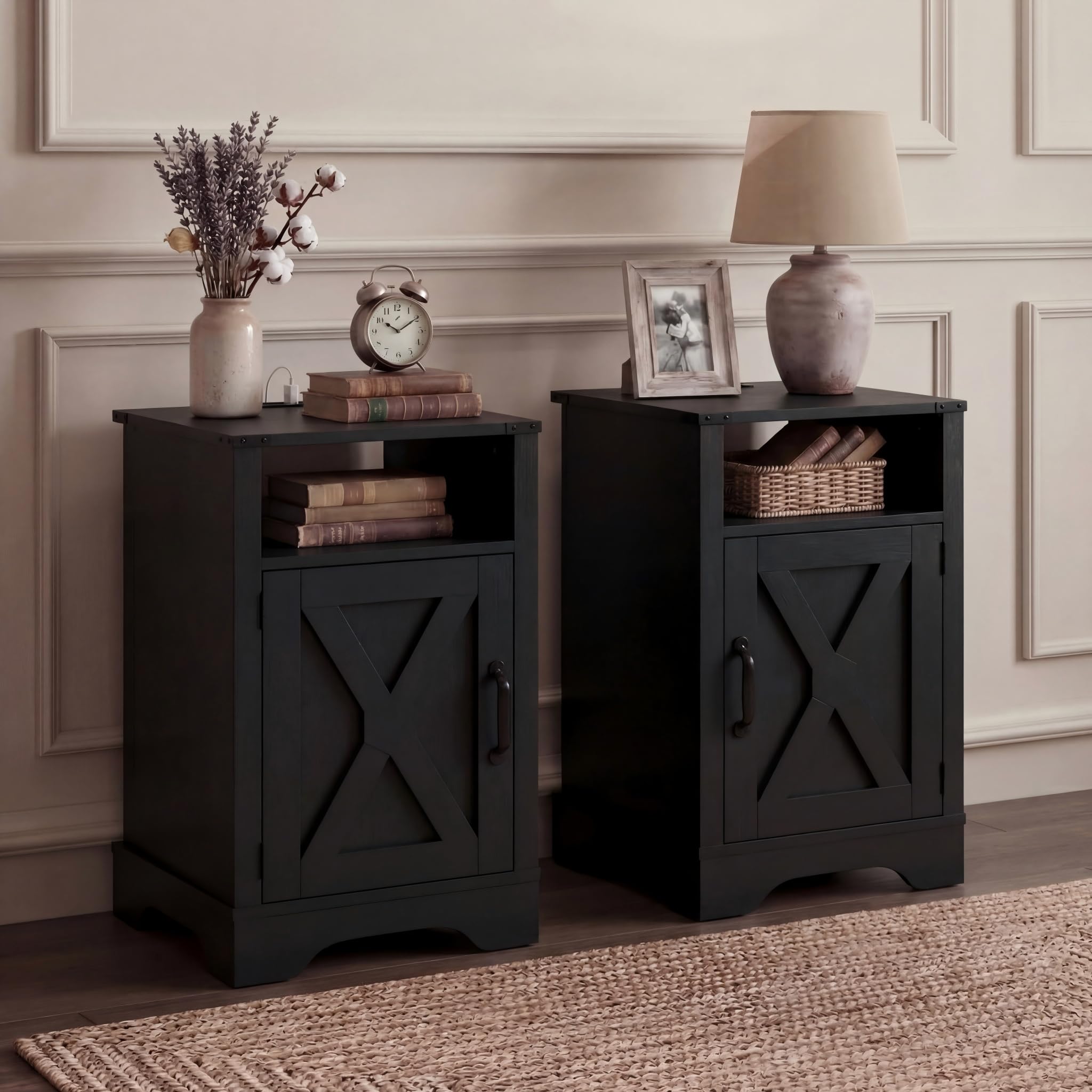 Farmhouse Nightstand Set of 2 with Charging Station, Wooden End Table, Black Rustic Night Stand with Storage Cabinet and Shelf, Tall Bedside Table for Bedroom, Living Room