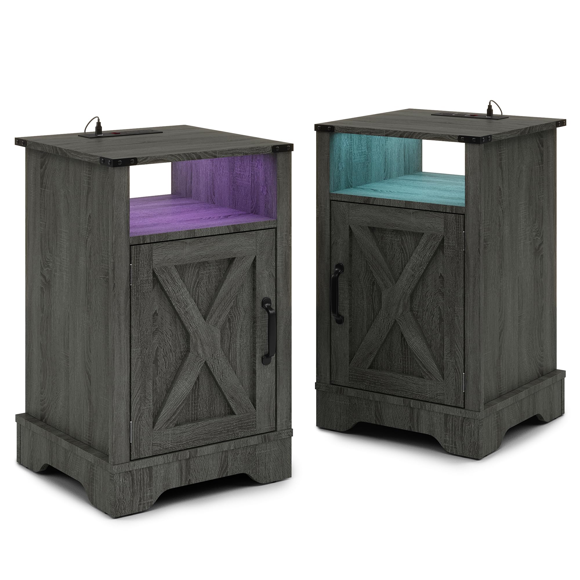 LED Nightstand Set of 2 with Charging Station, Bedside Table with Storage Cabinet and Shelf, Rustic End Table, Farmhouse Wooden Side Table, for Bedroom, Living Room, Dark Gray