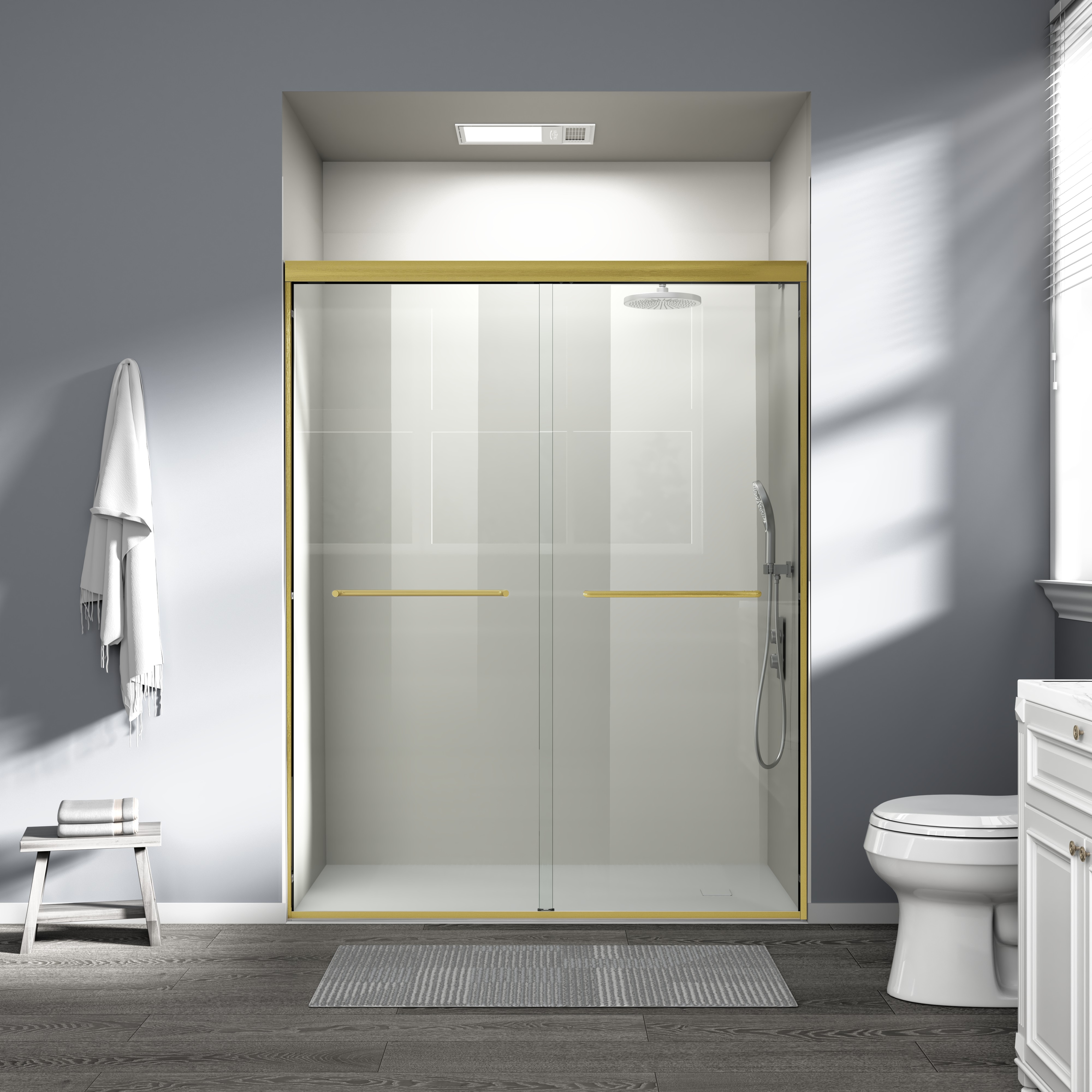 56" - 60" W X 72" H Double Sliding Shower Door, Semi-frameless Bypass Bathroom Sliding Door With 1/4" (6mm) Tempered Glass For Walk-in Shower, Brushed Gold 24D03-60BGX_voghion.com