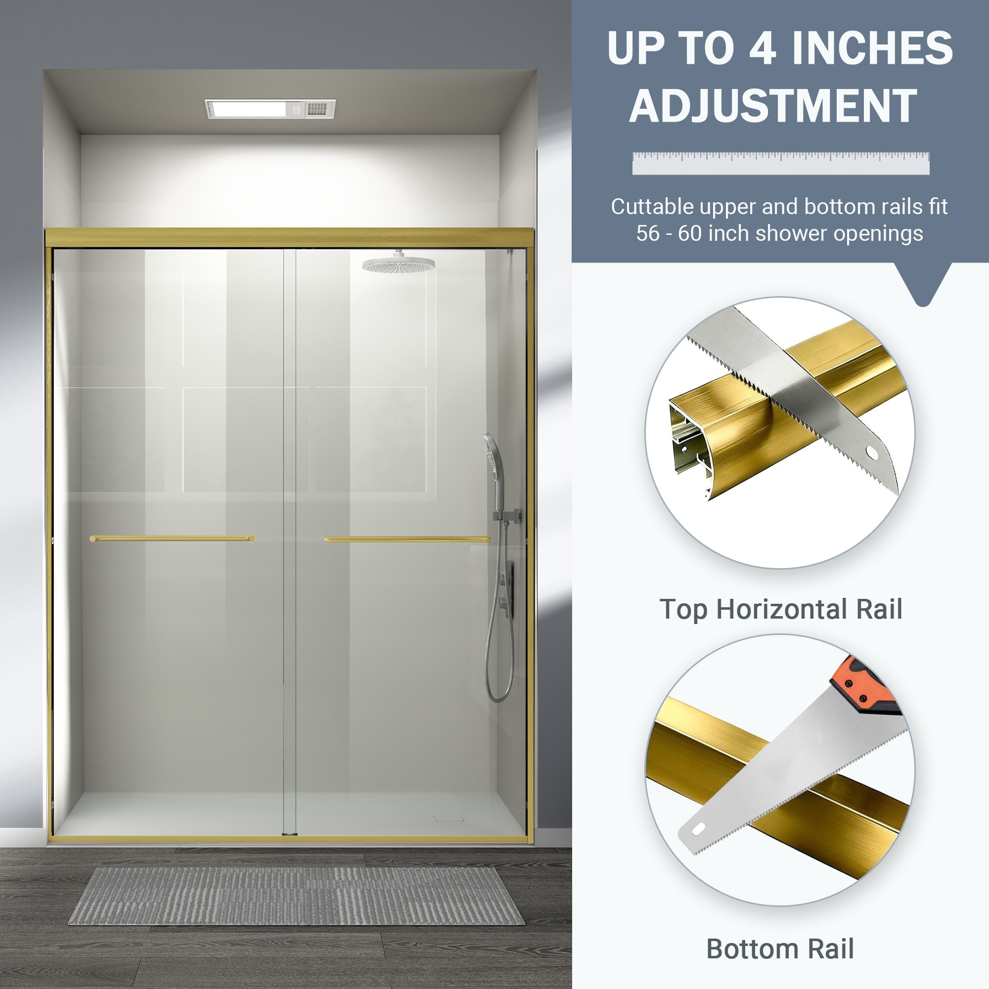 Double Sliding Shower Door Semi-frameless Brushed Gold Bathroom_voghion.com