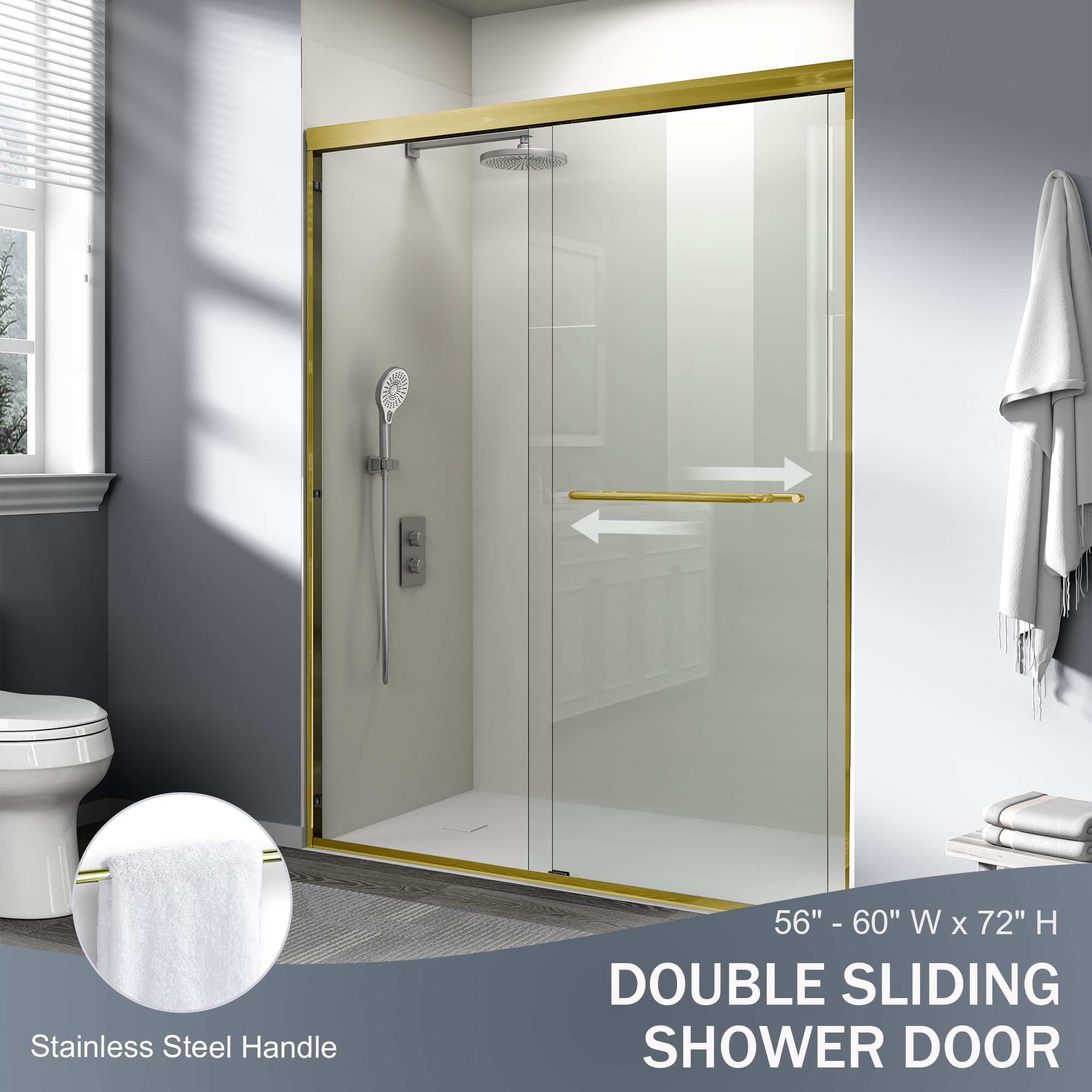 Double Sliding Shower Door Semi-frameless Brushed Gold Bathroom_voghion.com