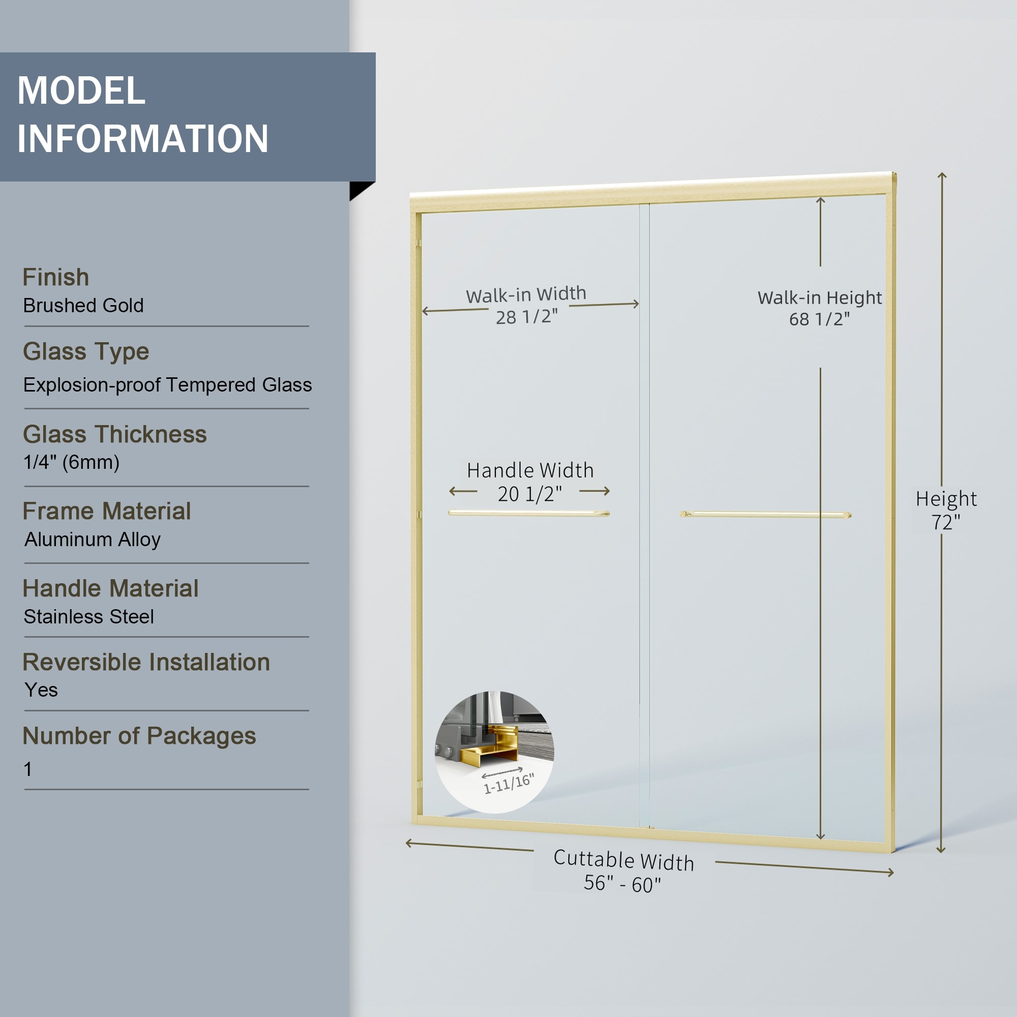 Double Sliding Shower Door Semi-frameless Brushed Gold Bathroom_voghion.com