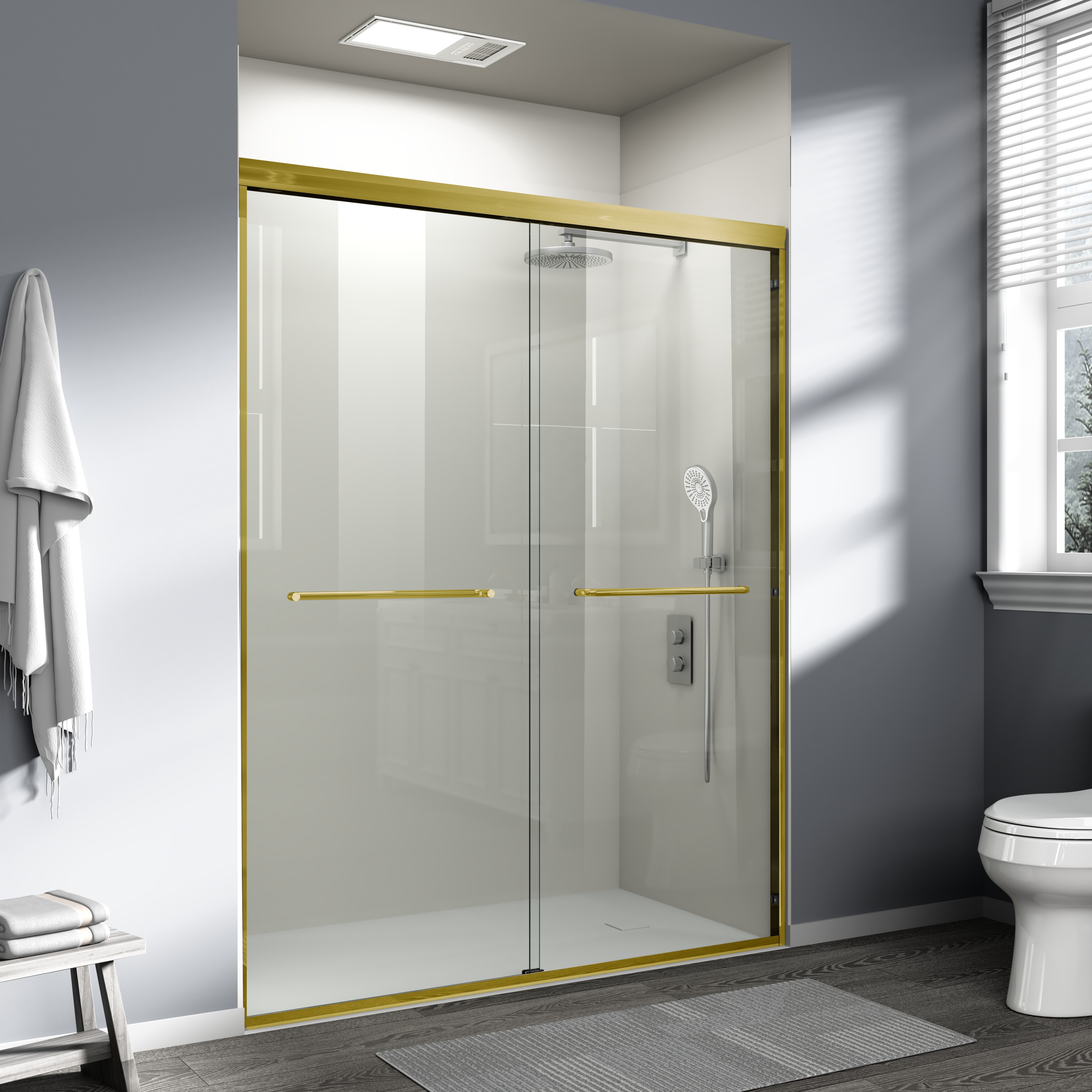 Double Sliding Shower Door Semi-frameless Brushed Gold Bathroom_voghion.com