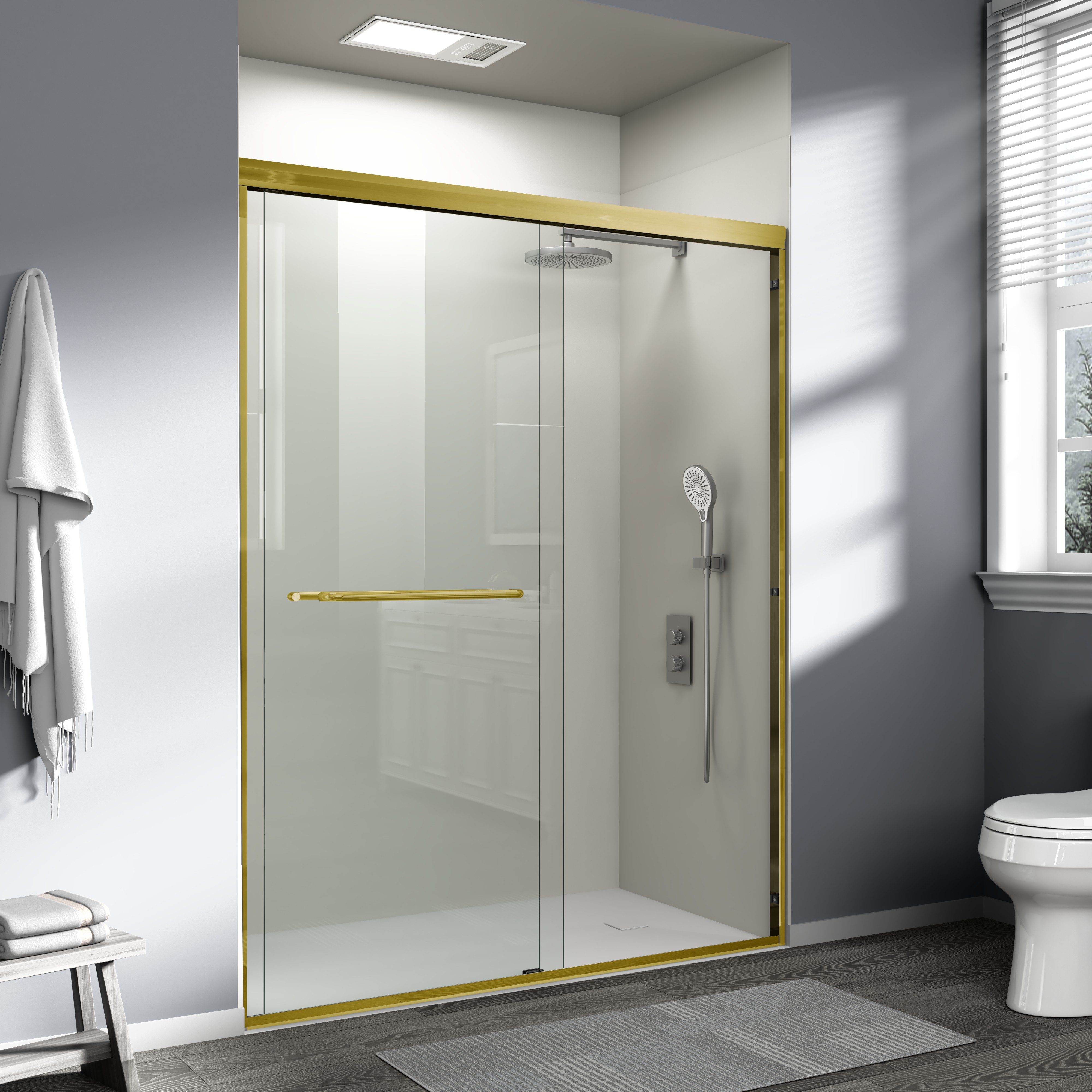 Double Sliding Shower Door Semi-frameless Brushed Gold Bathroom_voghion.com