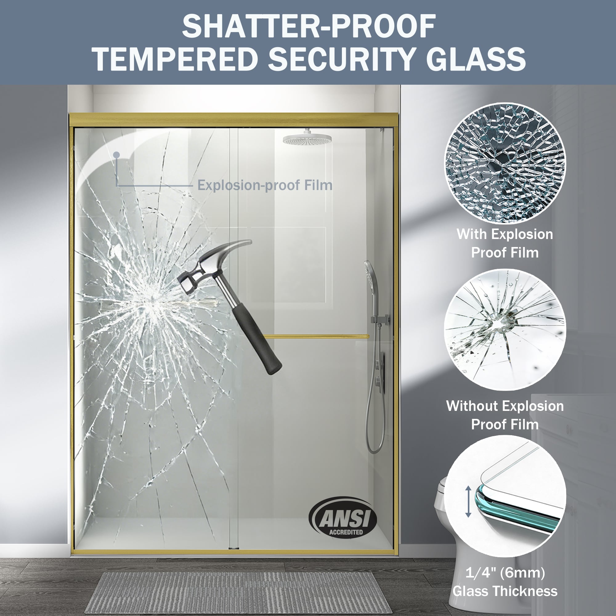 Double Sliding Shower Door Semi-frameless Brushed Gold Bathroom_voghion.com