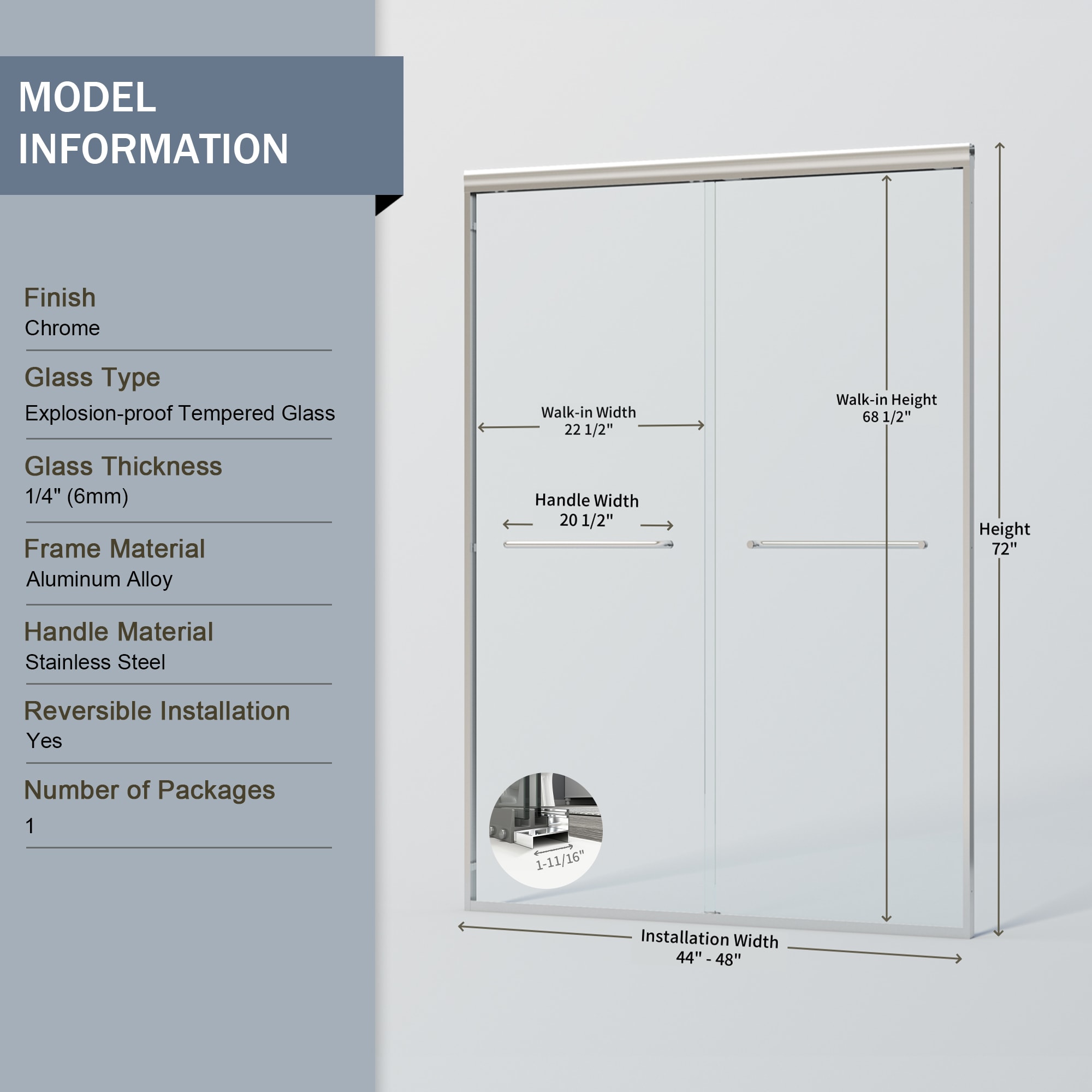 Double Sliding Shower Door Semi-frameless Chrome Bathroom Entry_voghion.com