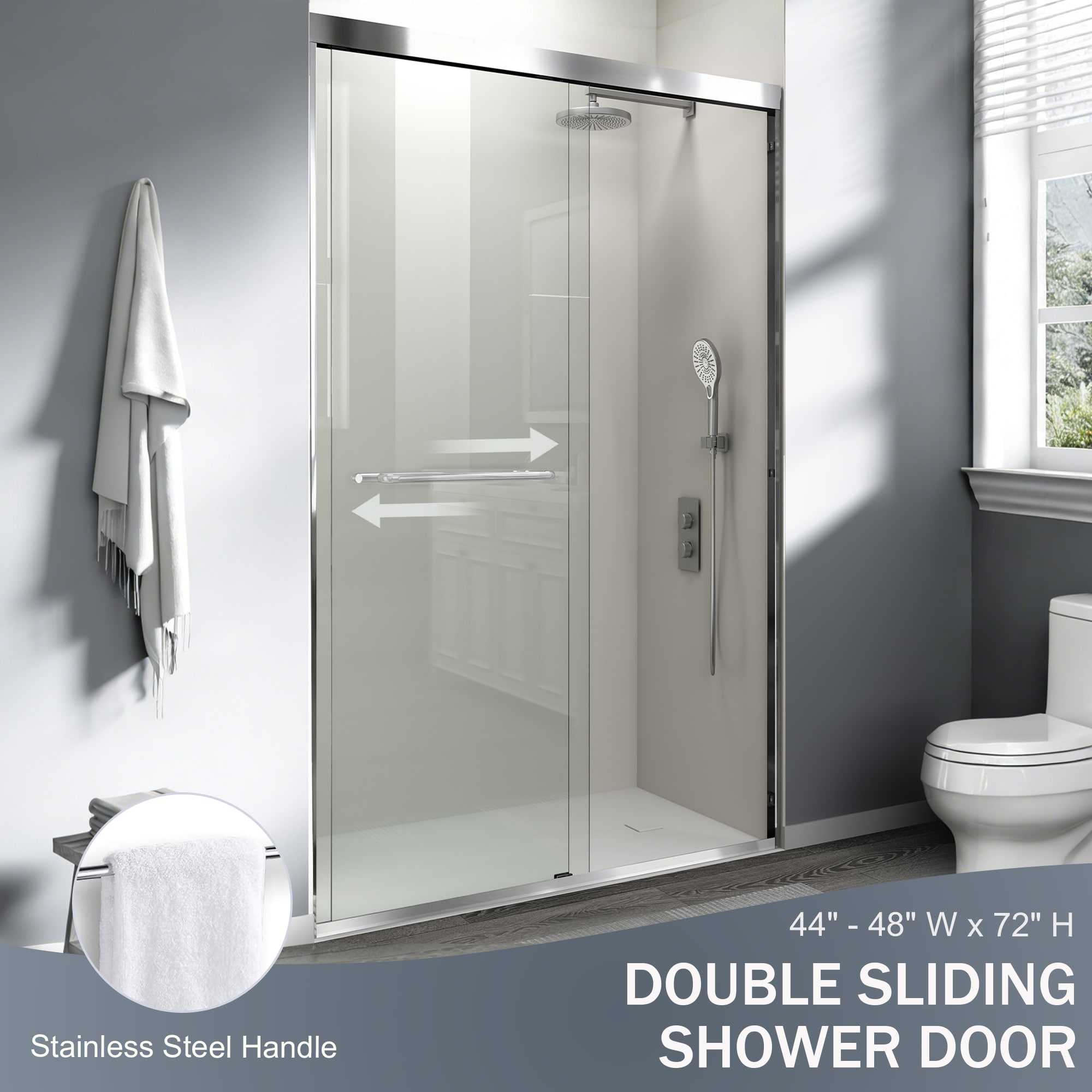 Double Sliding Shower Door Semi-frameless Chrome Bathroom Entry_voghion.com