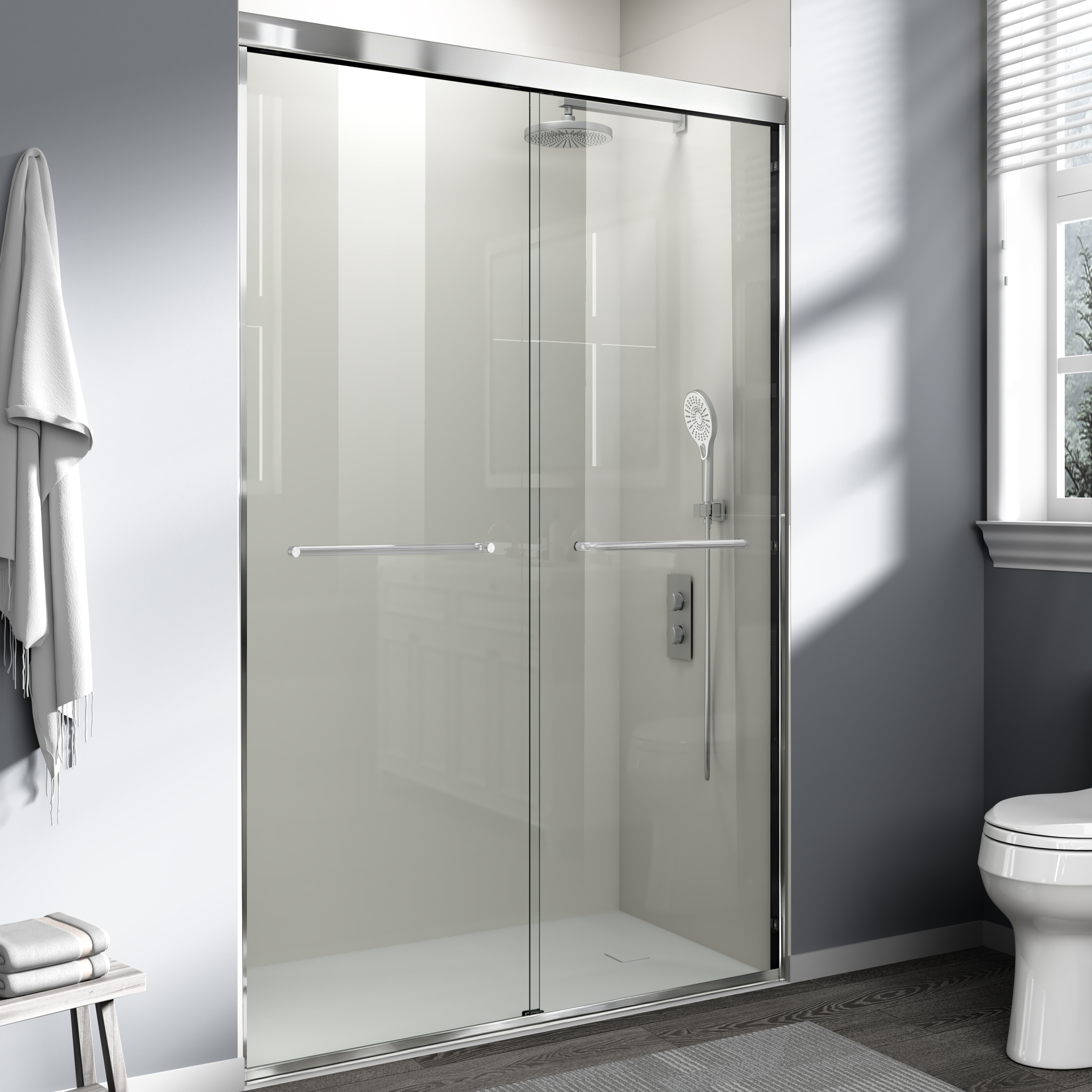 Double Sliding Shower Door Semi-frameless Chrome Bathroom Entry_voghion.com